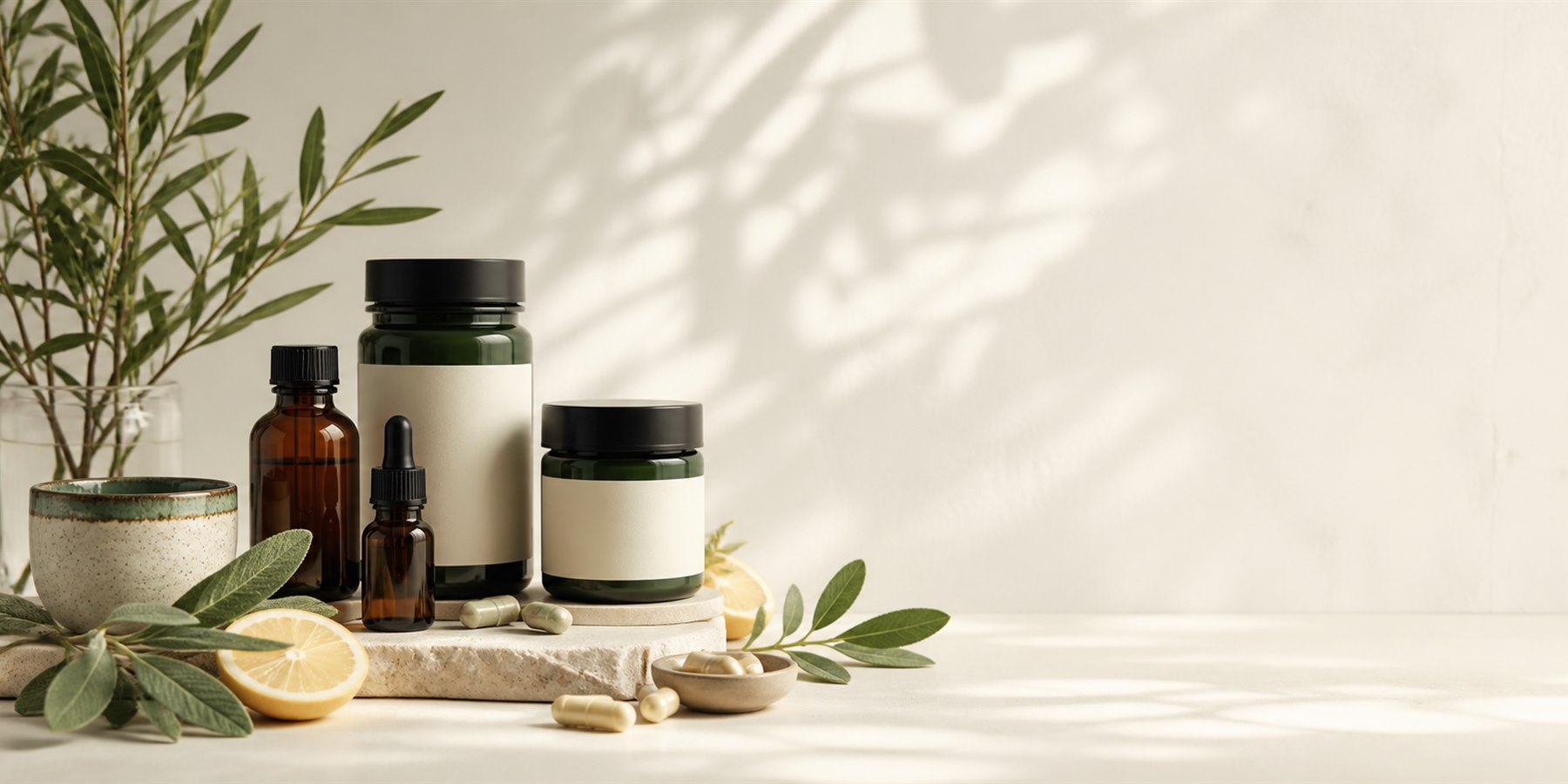 مكملات ونباتات طبيعية في مشهد عافية من X-Healthy